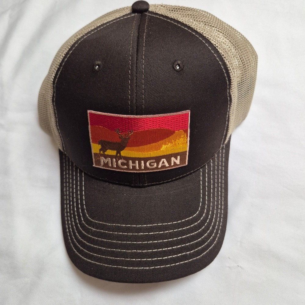 Otto Cap Michigan Deer Patch Trucker Hat Brown Tan Snapback Mesh Cap 83-1239 NEW